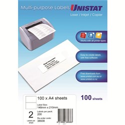 UNISTAT LABEL 100 SHEETS 2 UP 38938