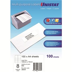 UNISTAT LABEL 100 SHEETS 8 UP 38934