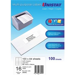 UNISTAT LASER/INKJET LABELS 100PK 16 UP 99x38 (Margin) Copier