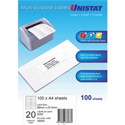 UNISTAT LASER/INKJET LABELS Copier 20/Sht 98x25.4mm