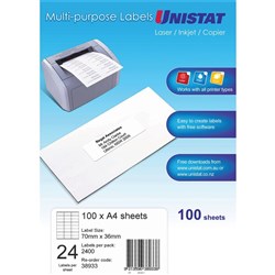 UNISTAT LABEL 100 SHEETS 24 UP 38933