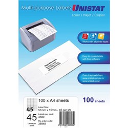 UNISTAT LASER/INKJET LABELS 45/Sht 51x15mm White