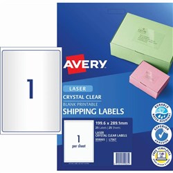 AVERY CRYSTAL CLEAR L7567-25 1 UP  LASER ONLY 199.6x289.1m 25 SHEET