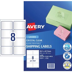 AVERY LASER CLEAR LABEL 8 TO PAGE PKT 25   959052 L7565 CRYSTAL CLEAR