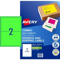 AVERY L7168FG LASER LABELS 2 /Sht 199.6x43.5mm Fluoro Green   PACK OF 10