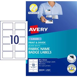 AveryFabricNameBadgeLabels Laser L7427 88x52mm 10UP 150 Labels PACK OF 15