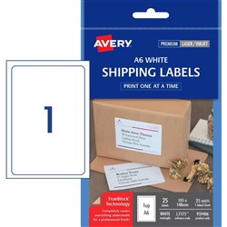 AVERY A6 SHIPPING LABELS L7175 1L/P/Sht 105x148mm White Pack of 25