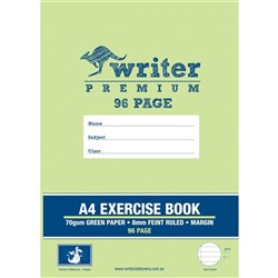 WRITER PREMIUM EXERCISE BOOK A4 96 PAGE GREEN 8MM RULED + MARGIN