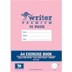 WRITER PREMIUM EXERCISE BOOK A4 96 PAGE PINK 8MM RULED + MARGIN