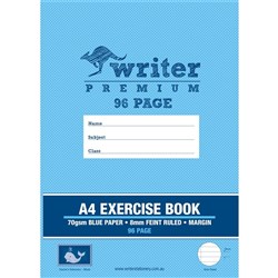 WRITER PREMIUM EXERCISE BOOK A4 96 PAGE BLUE 8MM RULED + MARGIN