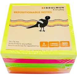 BIBBULMUN STICKY NOTES 76X76mm Assorted Pack of 5 CVC